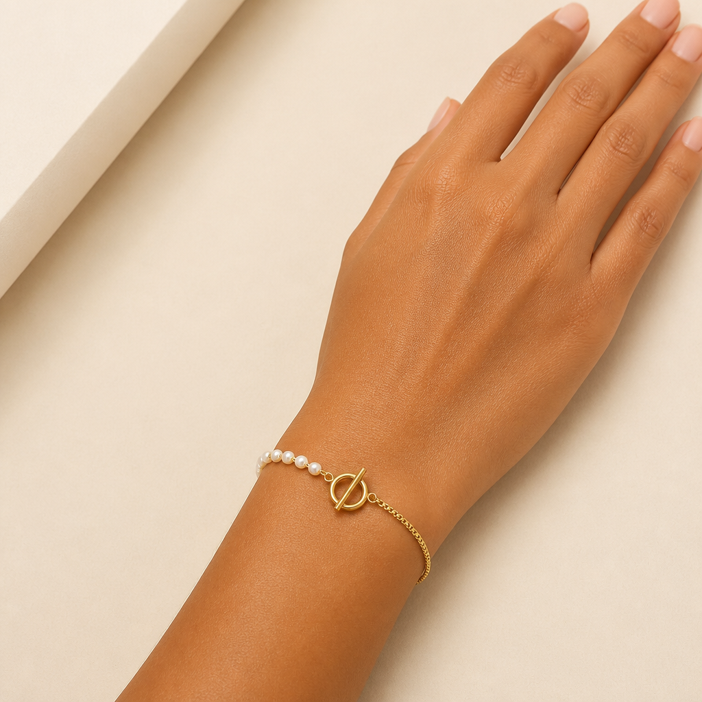 ViraLuxe – Gold Asymmetric Pearl and Chain Necklace & Bracelet Set | elesira