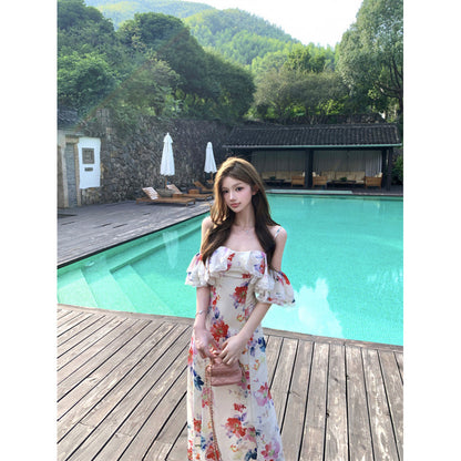 Robe Bretelles Imprimé Floral Volants Bicolore