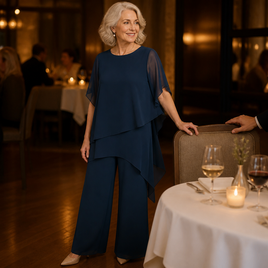 VeloraFit – Elegante completo a due pezzi con pantaloni e chiffon asimmetrico | elesira