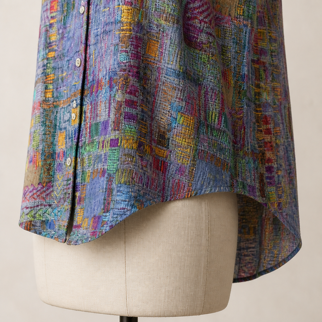 ViviaHue – Kunstnerisk patchworkbluse med knapper, uden ærmer og med V-hals | elesira