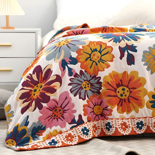 BloomBright Reversible Floral Organic Cotton And Throw Blanket With Cozy Comfort - Elesira