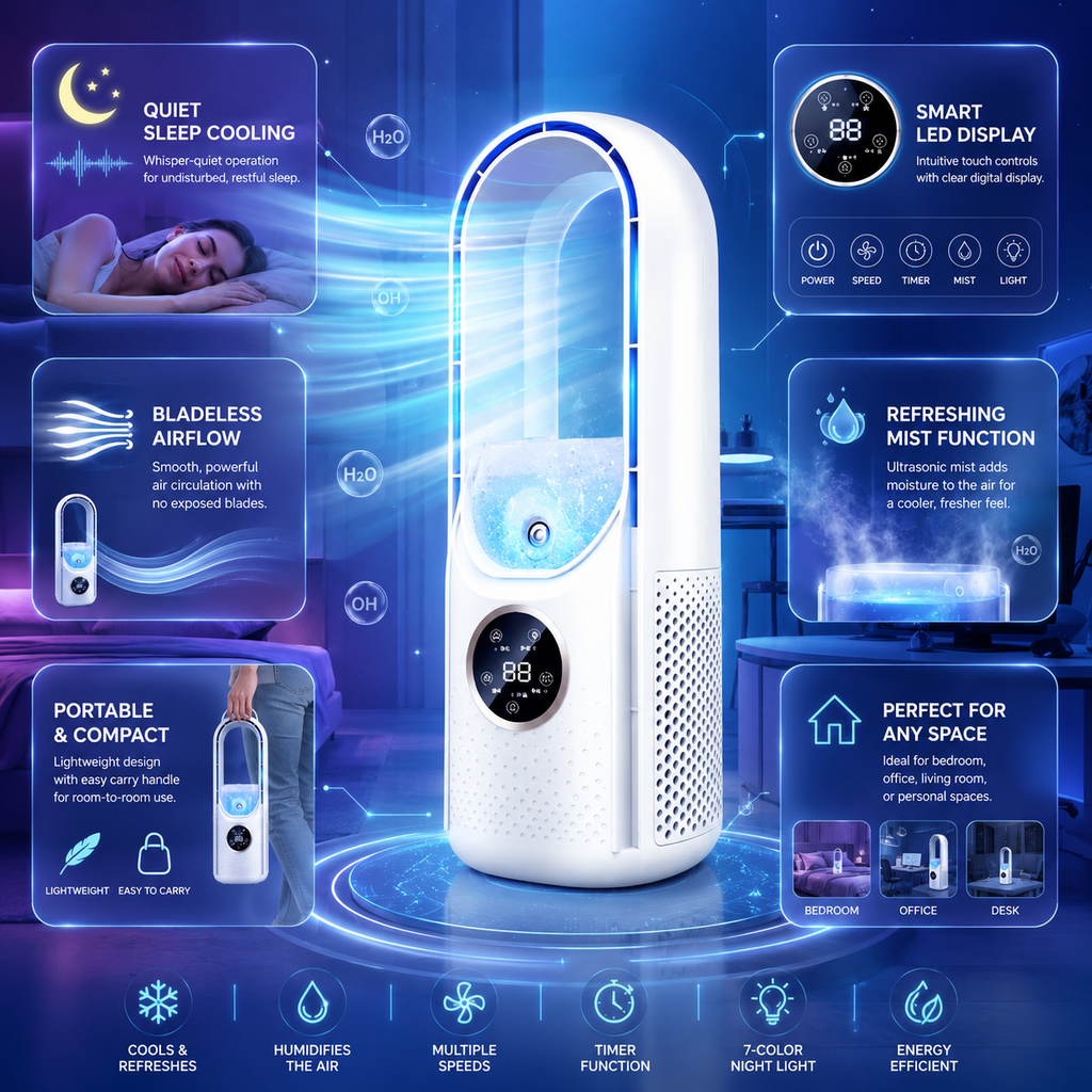 Quiet Bladeless Portable Air Conditioner For Small Rooms Ideal For Bedrooms And Offices - Elesira