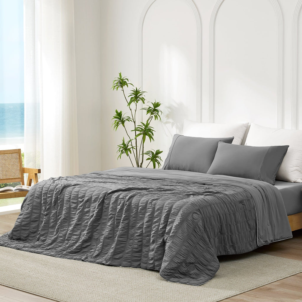 Cooling Comforter With Seersucker Stripes Lightweight Breathable Bedding For Hot Sleepers - Elesira