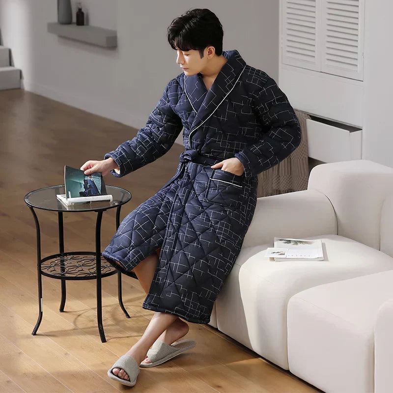 CozyLayer férfi fürdőköpeny háromrétegű steppelt pamutból a melegségért - Elesira