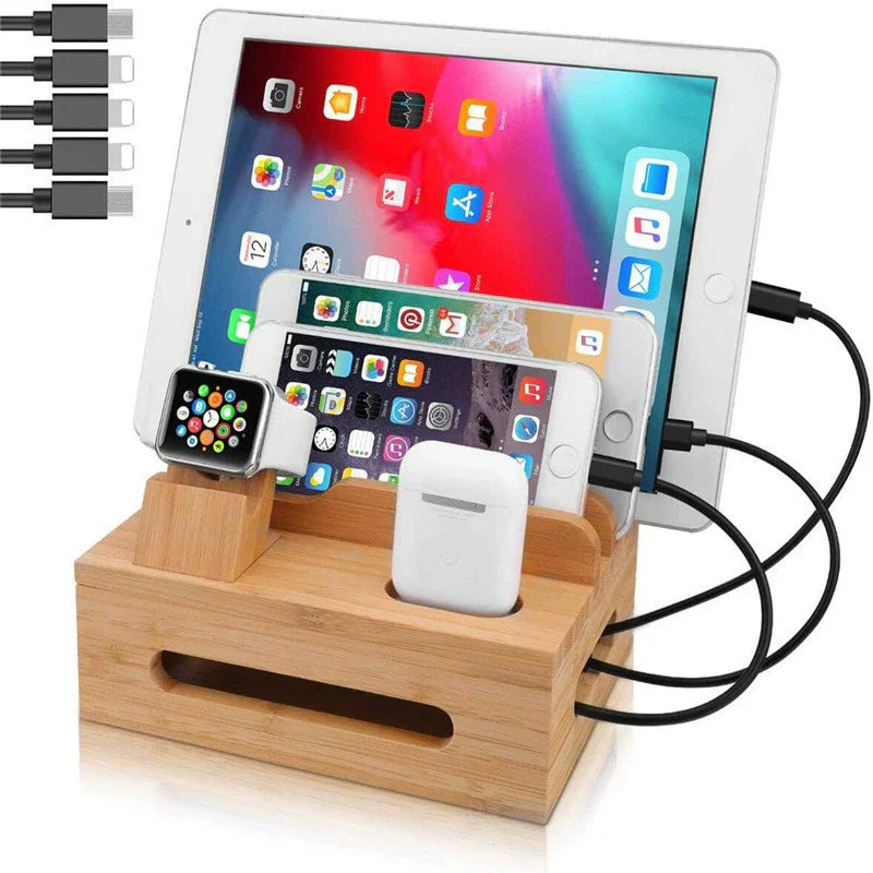 Stație de încărcare din bambus, cu cinci porturi USB și sistem integrat de organizare a cablurilor - Elesira