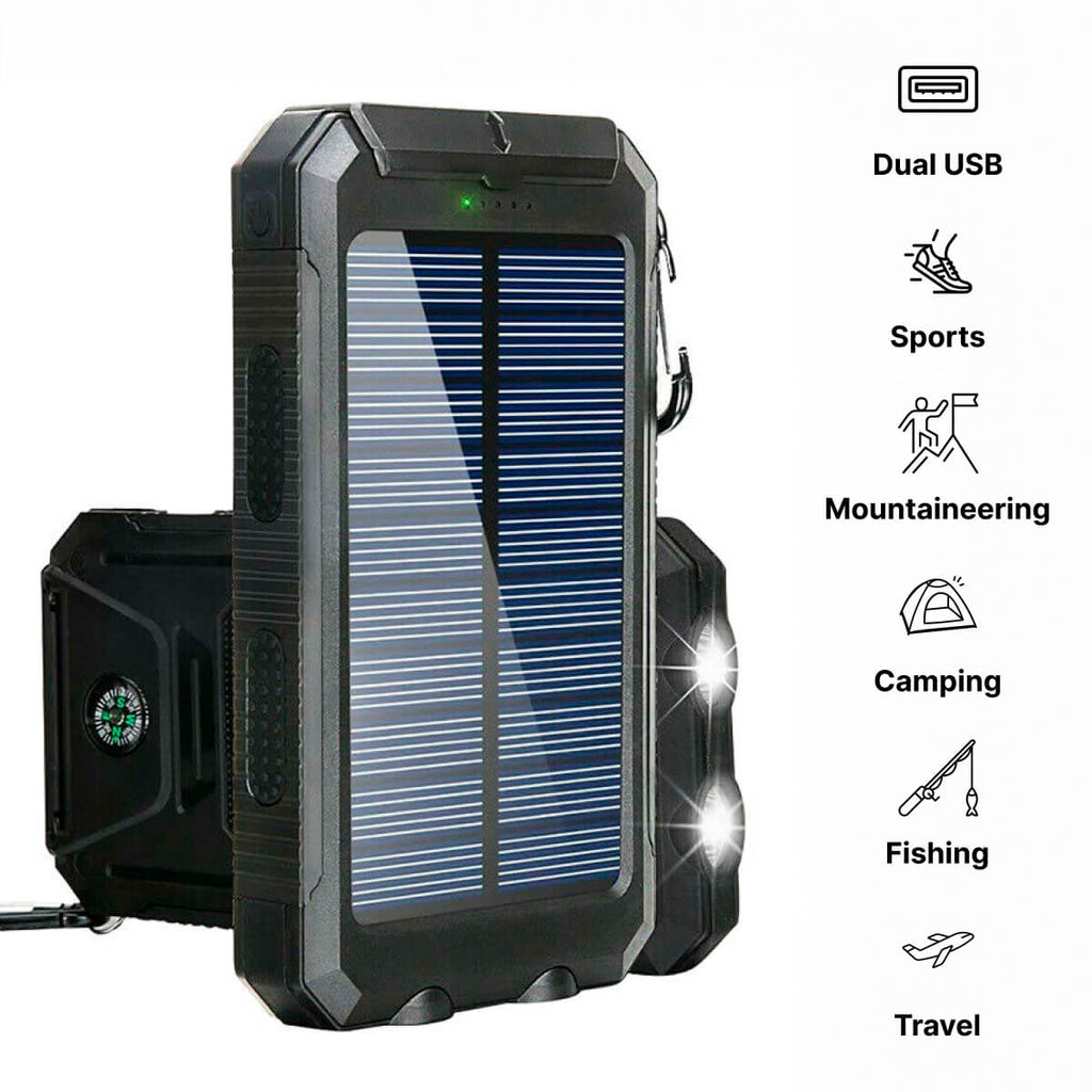 סוללת גיבוי סולארית EcoCharge בקיבולת 500000mAh, עם שתי יציאות USB ופנס LED לשימוש בחוץ - Elesira