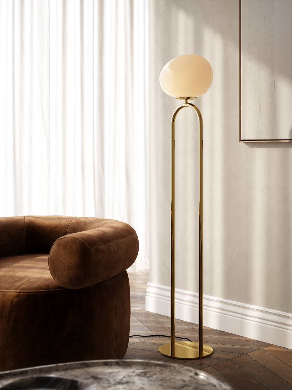 Carmella | Sleek Brass Floor Lamp with Asymmetrical Opal Glass Shade for Soft Living Room Lighting | elesira