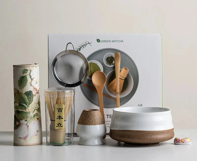Elegant Matcha Set Eight Piece Ceramic Bowl And Whisk With Bamboo Frother For Tea Ceremony - Elesira