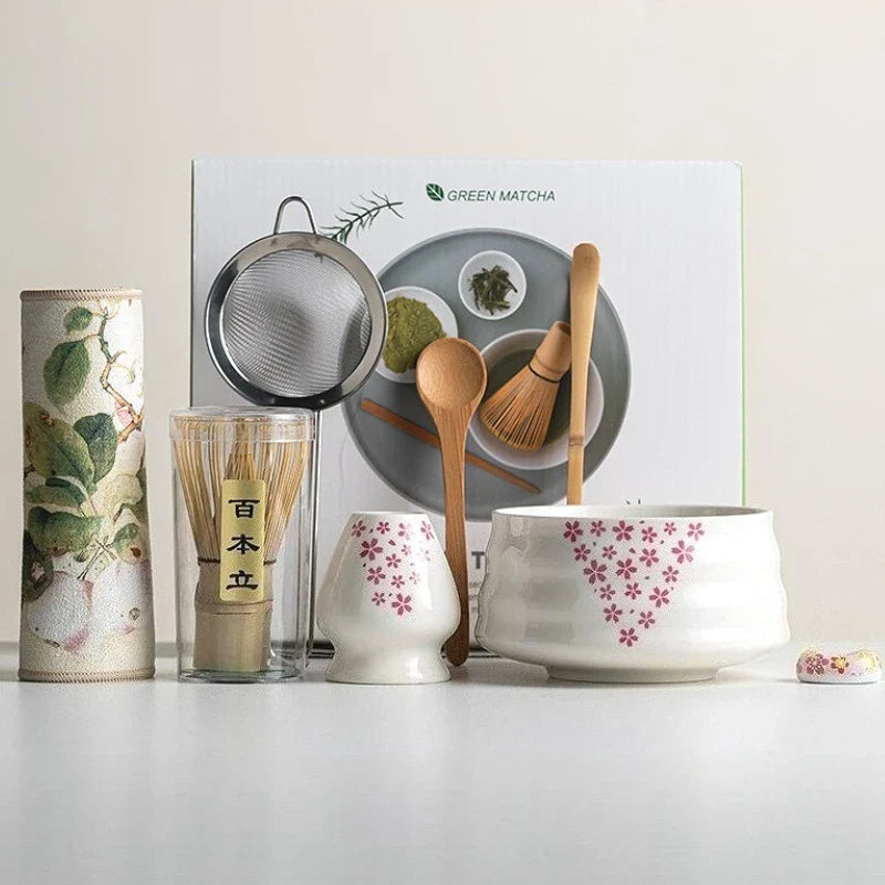 Elegante set da matcha in ceramica da otto pezzi, con ciotola e frusta, e frullino in bambù per la cerimonia del tè - Elesira