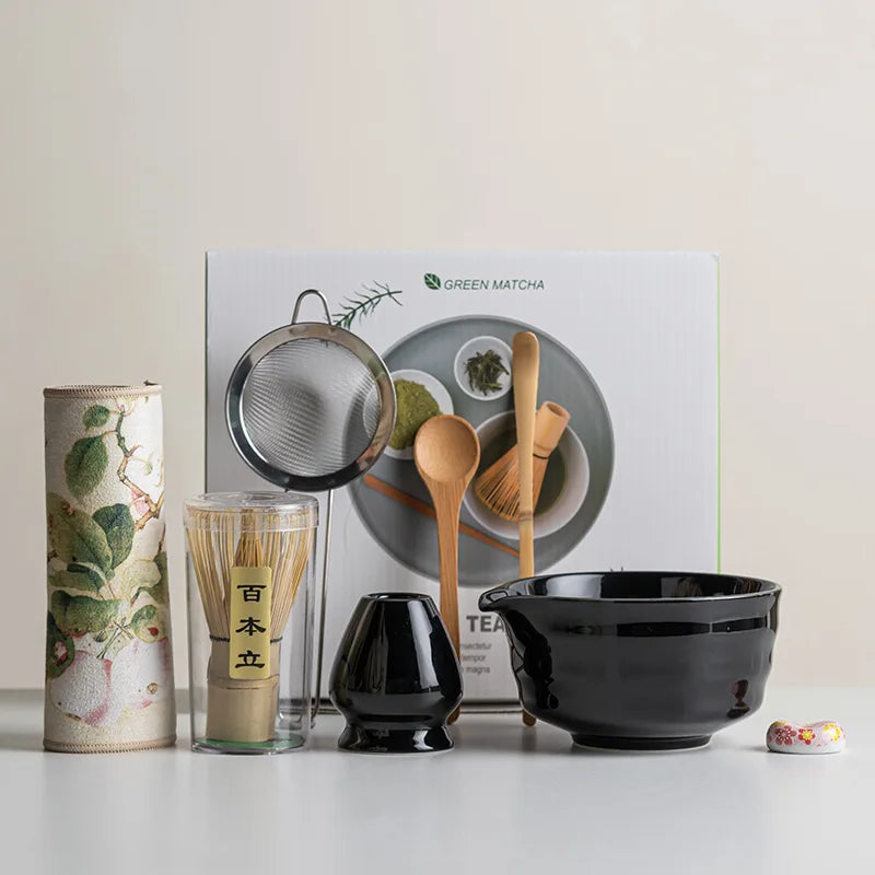Elegant Matcha Set Eight Piece Ceramic Bowl And Whisk With Bamboo Frother For Tea Ceremony - Elesira