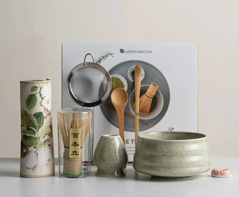 Elegant Matcha Set Eight Piece Ceramic Bowl And Whisk With Bamboo Frother For Tea Ceremony - Elesira