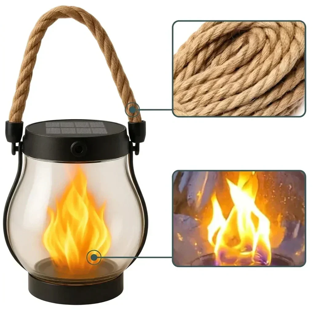 Odporna na warunki atmosferyczne lampa solarna z efektem płomienia - 8 godzin świecenia i ładowanie USB-C | elesira