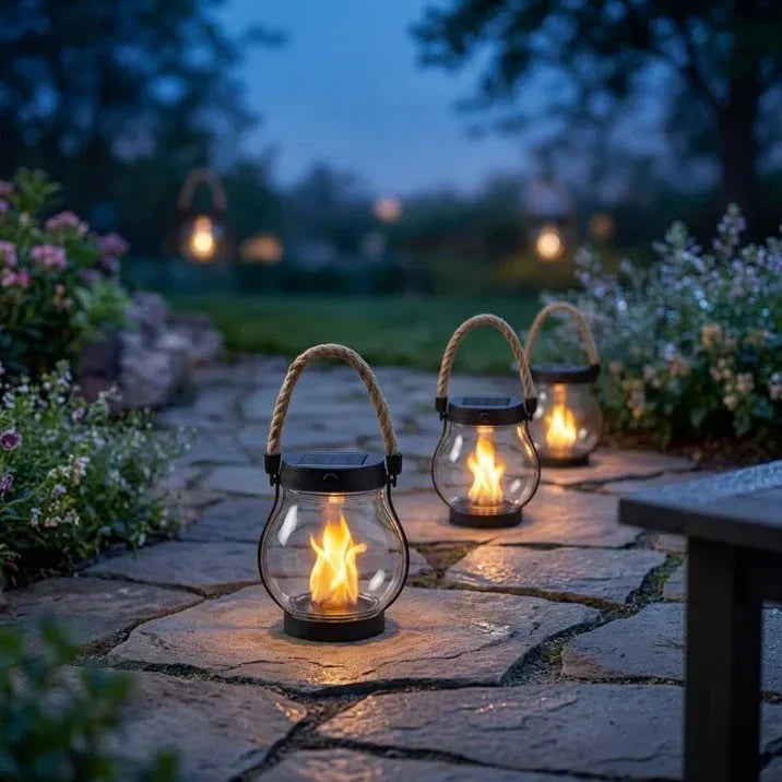Odporna na warunki atmosferyczne lampa solarna z efektem płomienia - 8 godzin świecenia i ładowanie USB-C | elesira