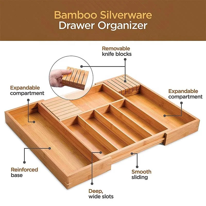 EcoStyle-Schubladenorganizer aus Bambus für Küchenutensilien mit sieben Fächern und verstellbarem Design - Elesira