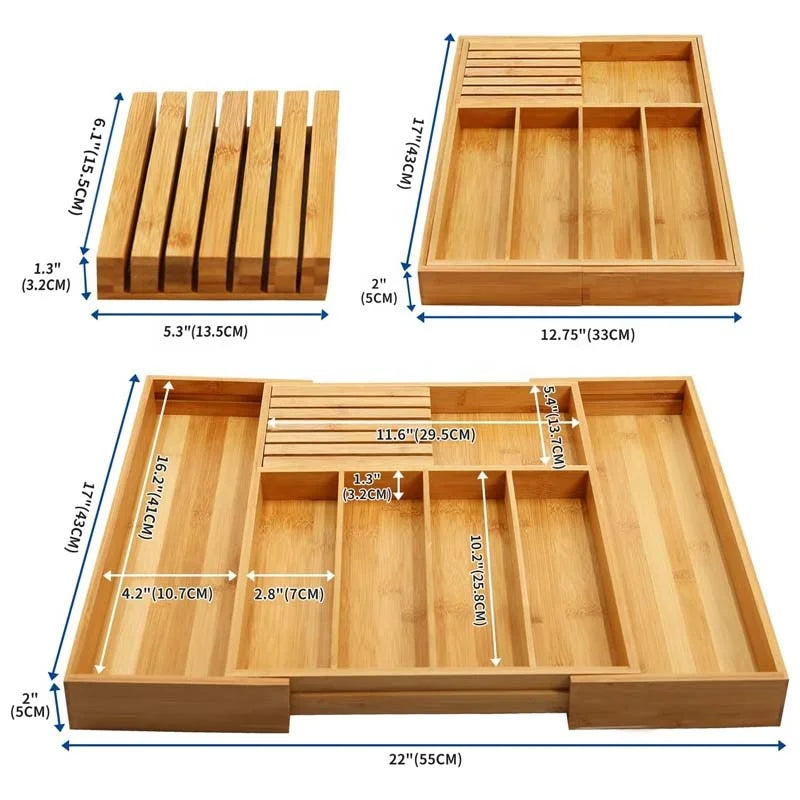 EcoStyle-Schubladenorganizer aus Bambus für Küchenutensilien mit sieben Fächern und verstellbarem Design - Elesira