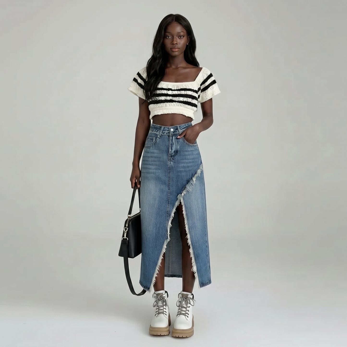 Jupe Rebel — Jupe Midi Denim Taille Haute à Fente Effilochée