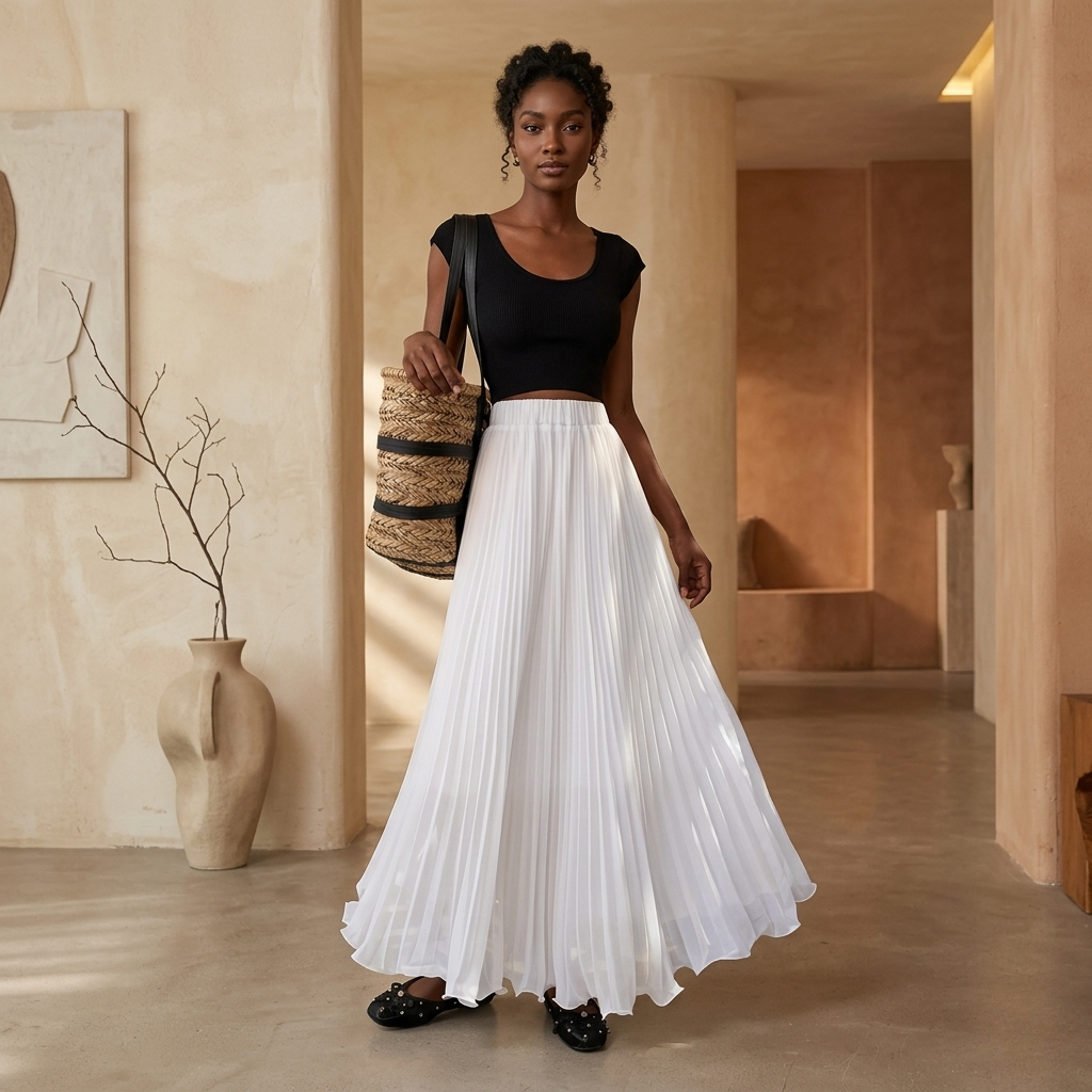 Jupe Longue Plissée en Mousseline - Taille Haute
