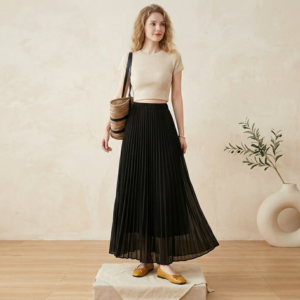 Jupe Longue Plissée en Mousseline - Taille Haute