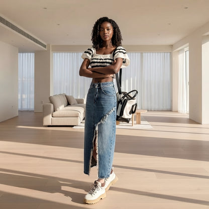 Jupe Rebel — Jupe Midi Denim Taille Haute à Fente Effilochée