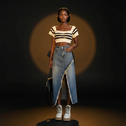 Jupe Rebel — Jupe Midi Denim Taille Haute à Fente Effilochée