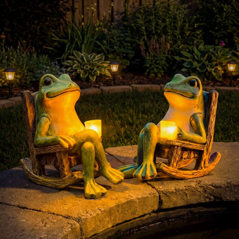 Solar Garden Frog Figurine - Warm White LED Light - Automatic Dusk Switch | elesira