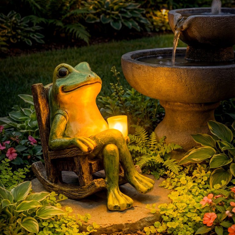 Solar Garden Frog Figurine - Warm White LED Light - Automatic Dusk Switch | elesira