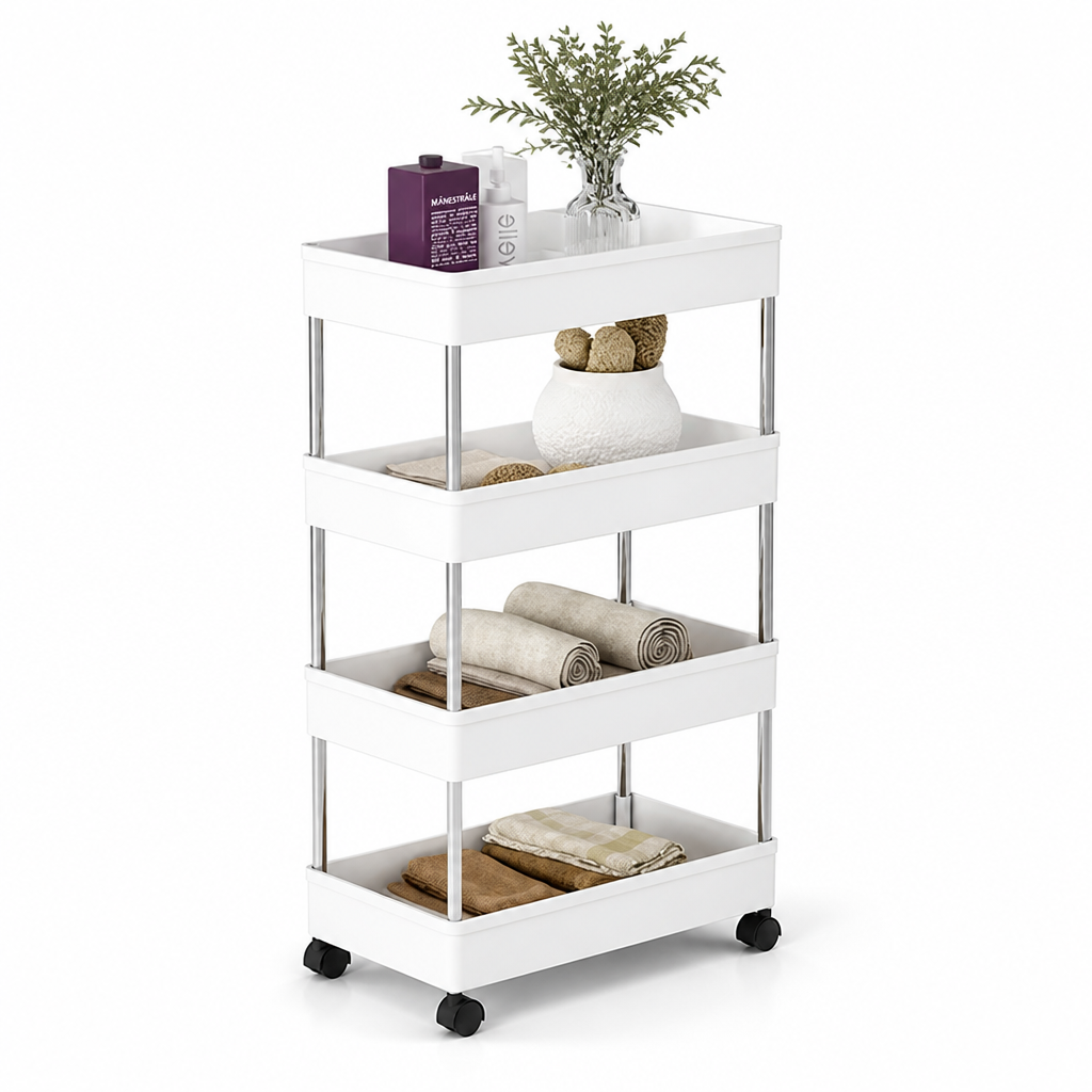 Carrinho de arrumação estreito com rodas, em aço inoxidável | elesira