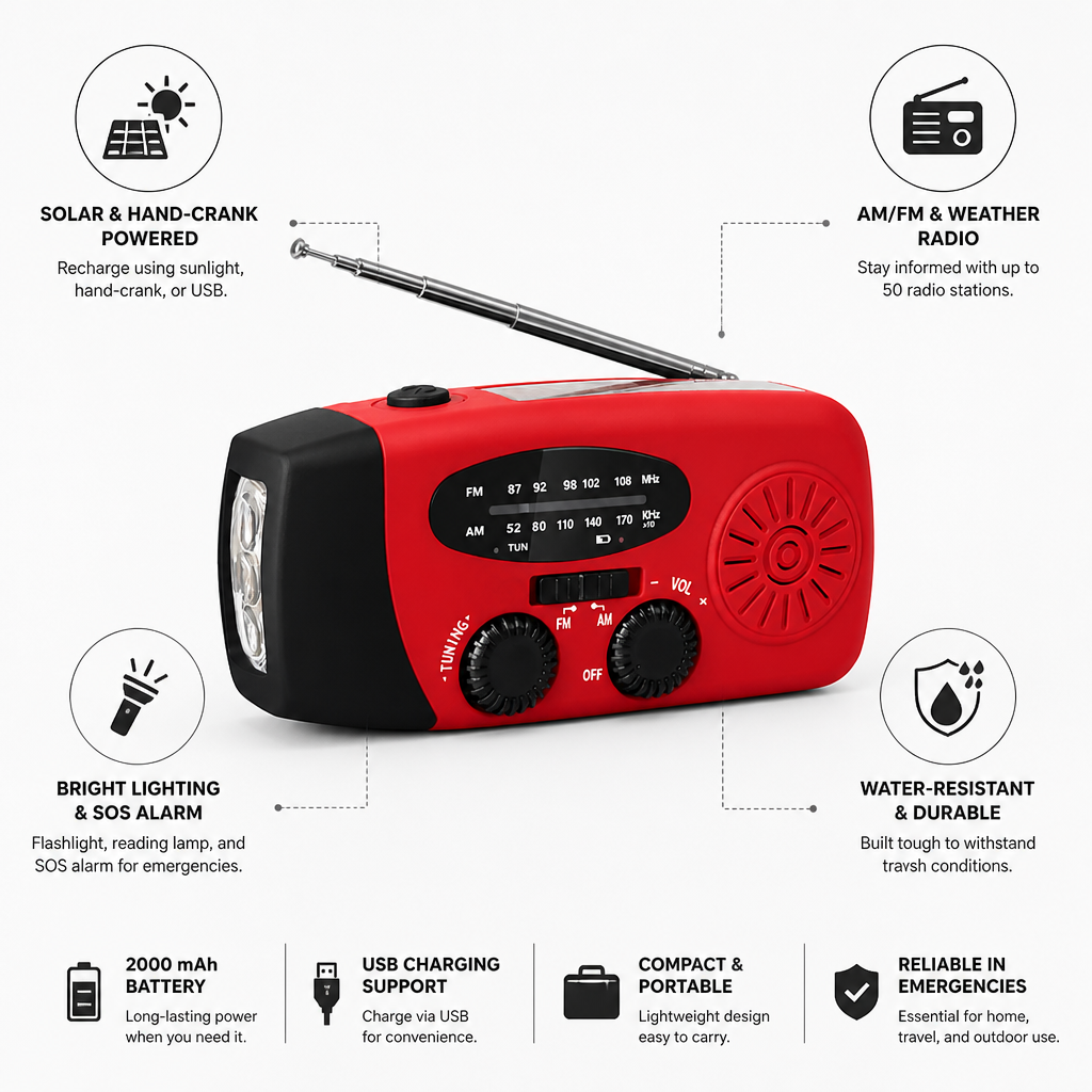 Solar & Hand-Crank Rechargeable Emergency Radio | elesira