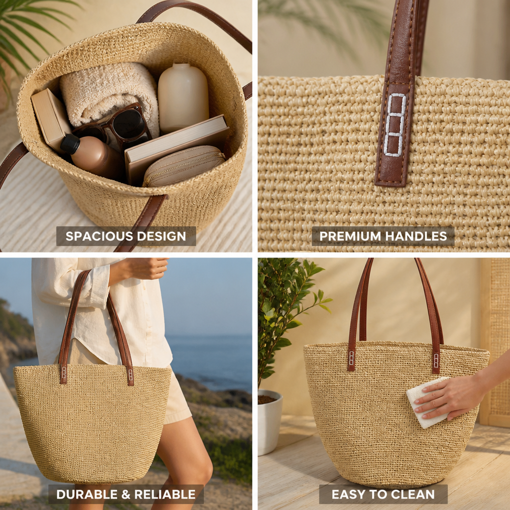 Capiente borsa tote in juta intrecciata a mano (manici in pelle) | elesira