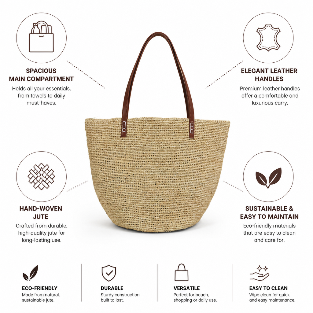 Capiente borsa tote in juta intrecciata a mano (manici in pelle) | elesira