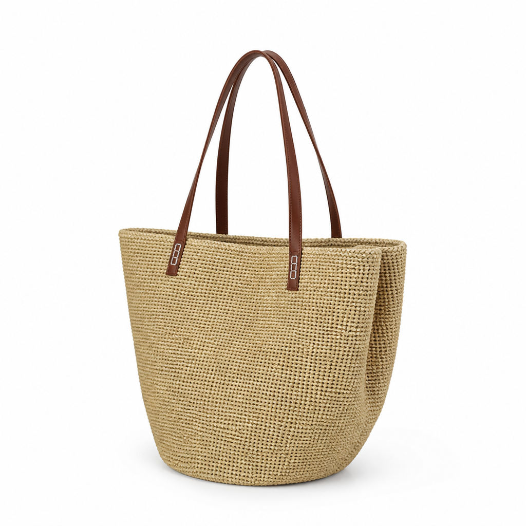 Capiente borsa tote in juta intrecciata a mano (manici in pelle) | elesira