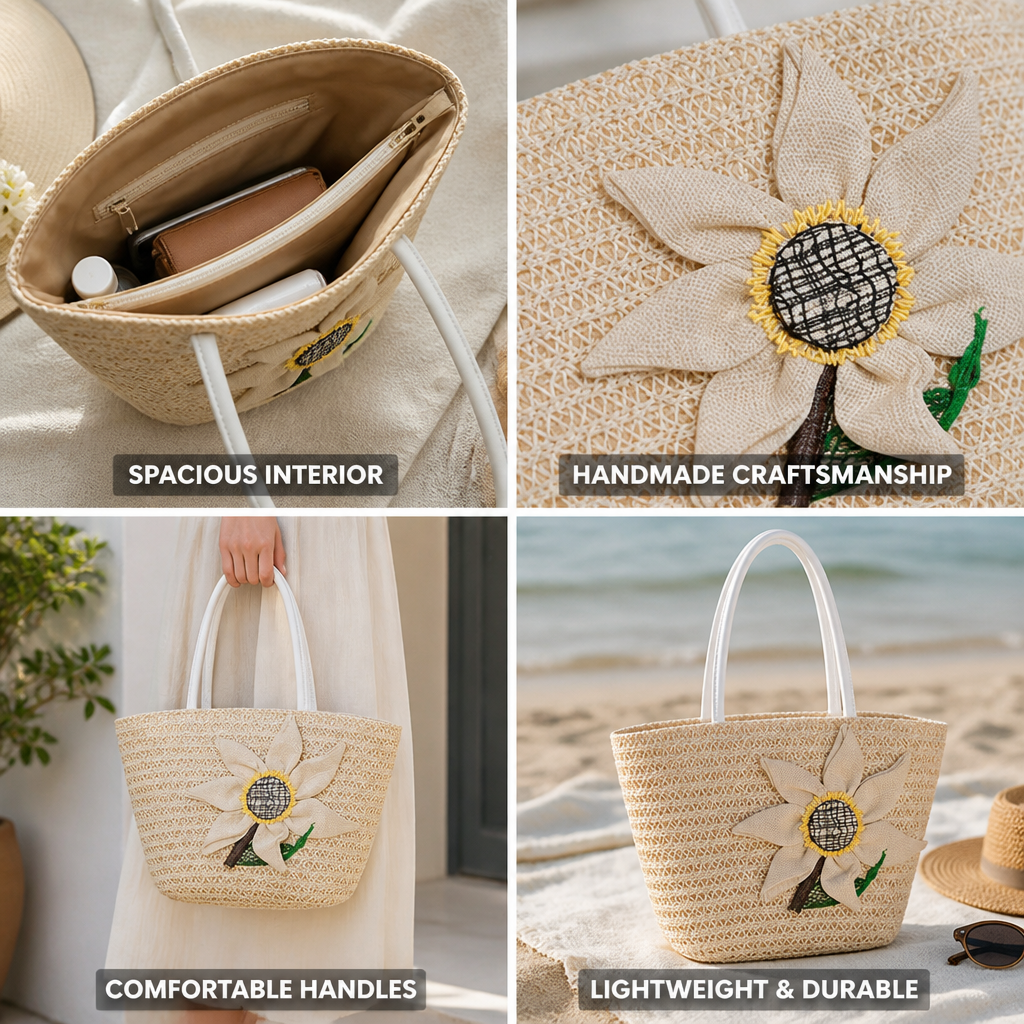 Geantă încăpătoare din paie, țesută manual, cu model floral | elesira