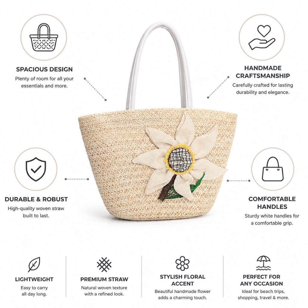 Geantă încăpătoare din paie, țesută manual, cu model floral | elesira