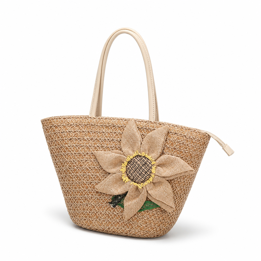 Geantă încăpătoare din paie, țesută manual, cu model floral | elesira