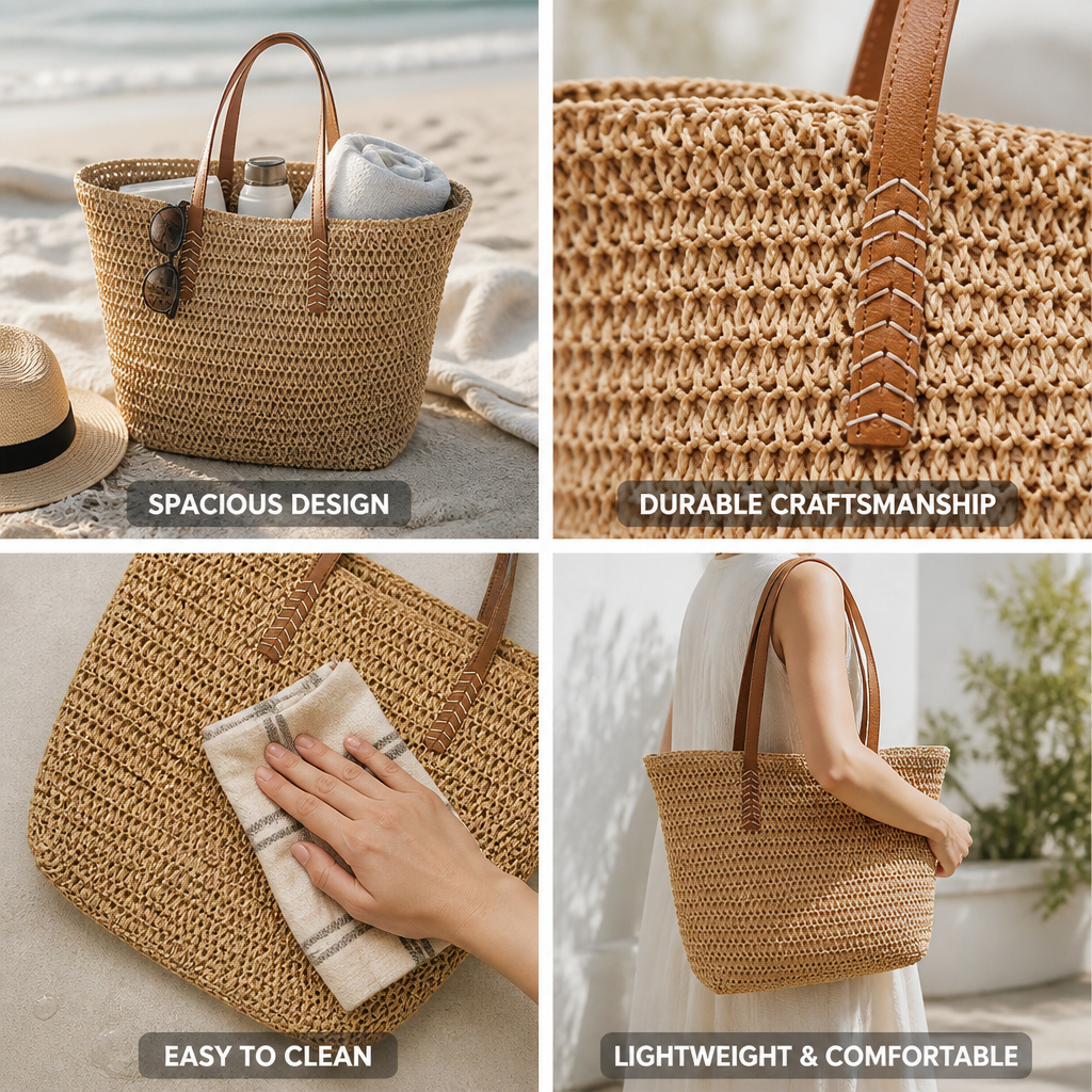 Sac de plage spacieux et léger en paille tressée (anses en similicuir) | elesira