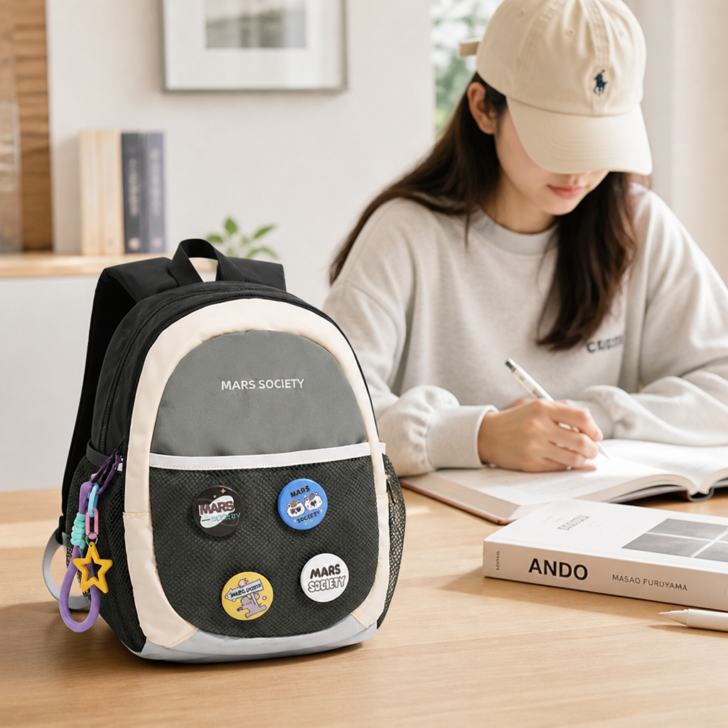 Farverig skoletaske med grafisk motiv (ergonomiske polstrede remme) | elesira