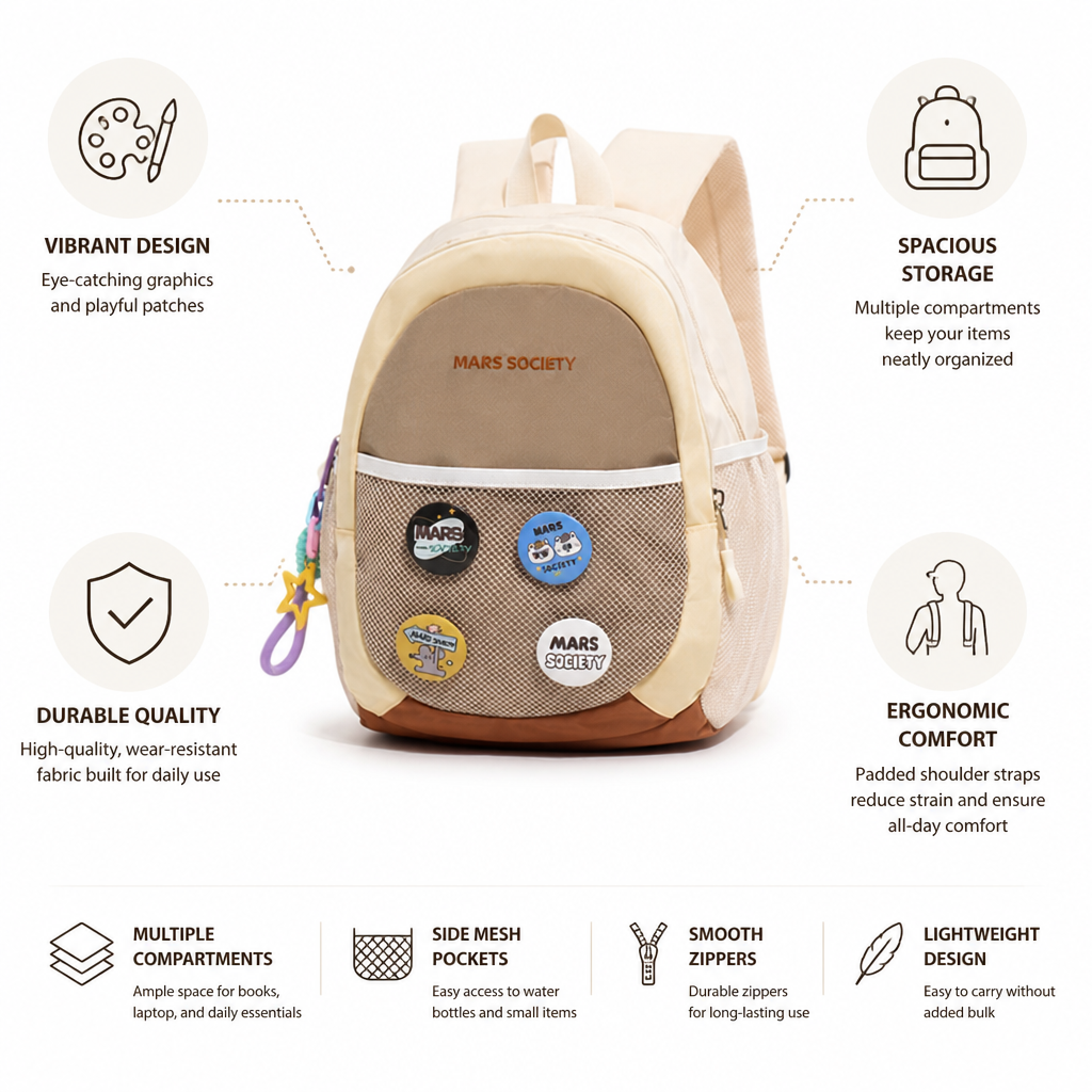 Farverig skoletaske med grafisk motiv (ergonomiske polstrede remme) | elesira