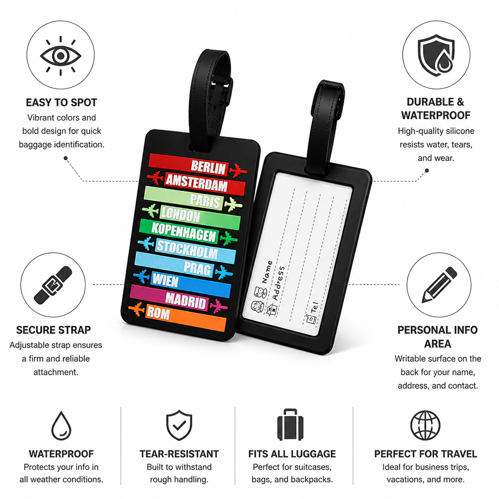 Étiquette de bagage colorée en silicone imperméable (sangle réglable) | elesira