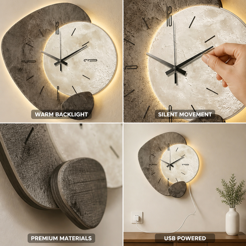 Horloge murale à cadran lunaire en quartz, rétroéclairée et silencieuse, avec dos chaud (alimentée par USB) | elesira