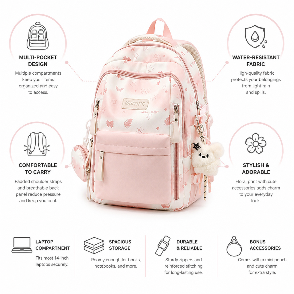 Water-Resistant Multi-Pocket School Backpack (Padded Straps) | elesira