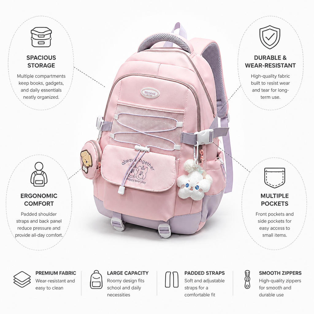 Zaino scolastico resistente all'usura con più scomparti (spallacci imbottiti) | elesira