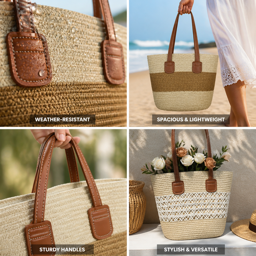 Bolsa de playa tejida resistente a la intemperie (asas con aspecto de cuero) | elesira