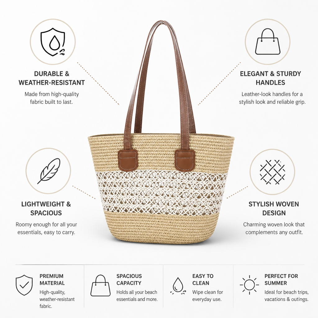 Bolsa de playa tejida resistente a la intemperie (asas con aspecto de cuero) | elesira