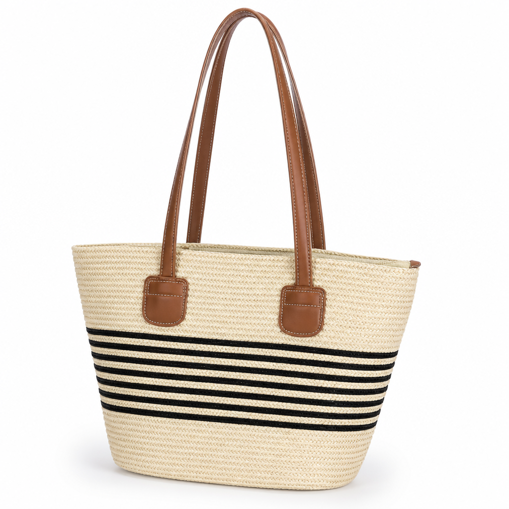 Bolsa de playa tejida resistente a la intemperie (asas con aspecto de cuero) | elesira
