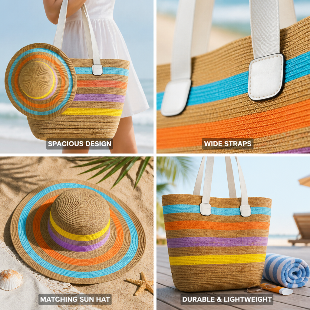 Wide-Strap Lightweight Striped Beach Tote & Matching Sun Hat | elesira