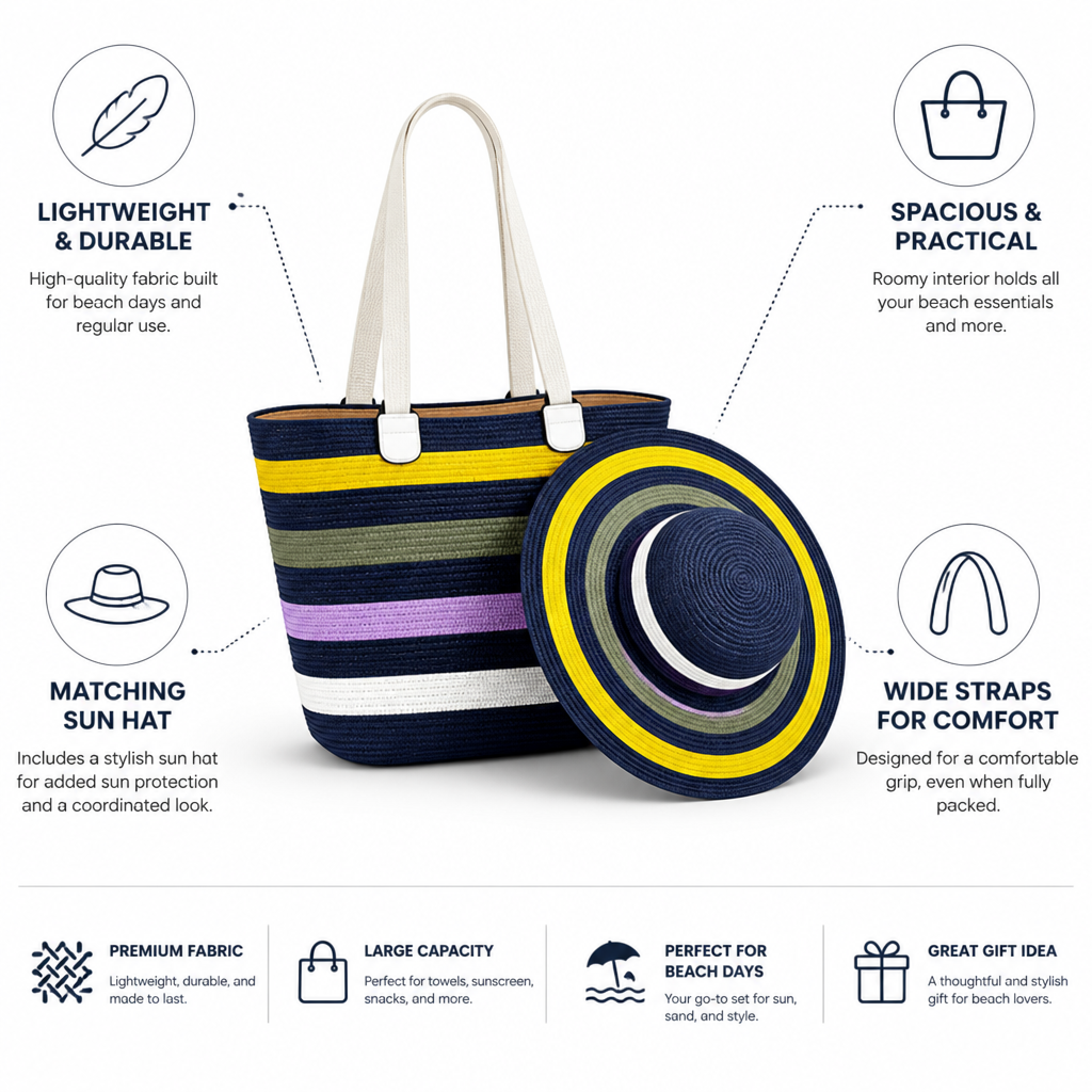 Wide-Strap Lightweight Striped Beach Tote & Matching Sun Hat | elesira