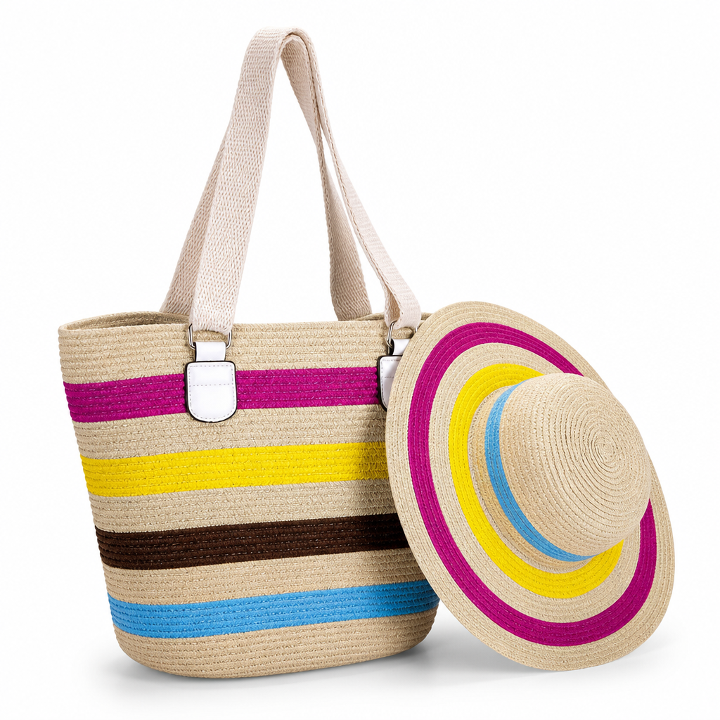 Wide-Strap Lightweight Striped Beach Tote & Matching Sun Hat | elesira