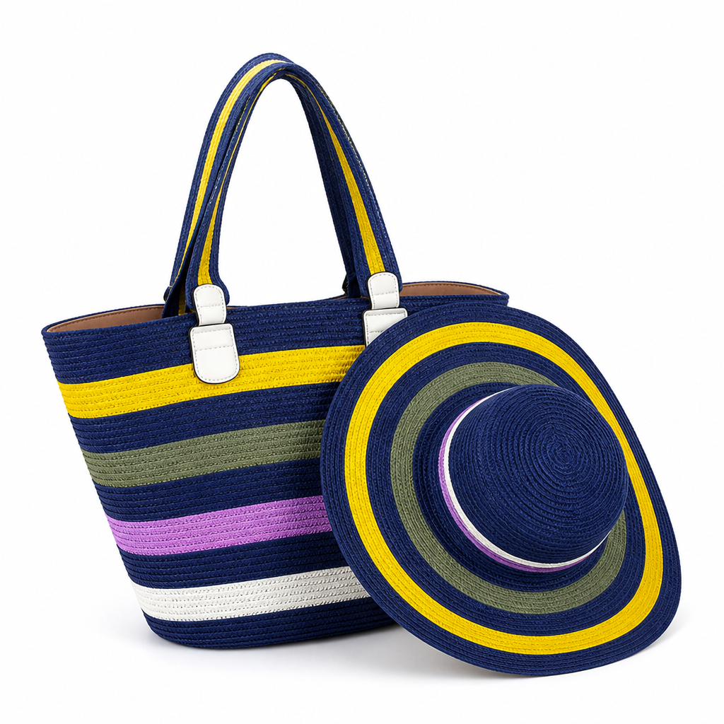 Wide-Strap Lightweight Striped Beach Tote & Matching Sun Hat | elesira
