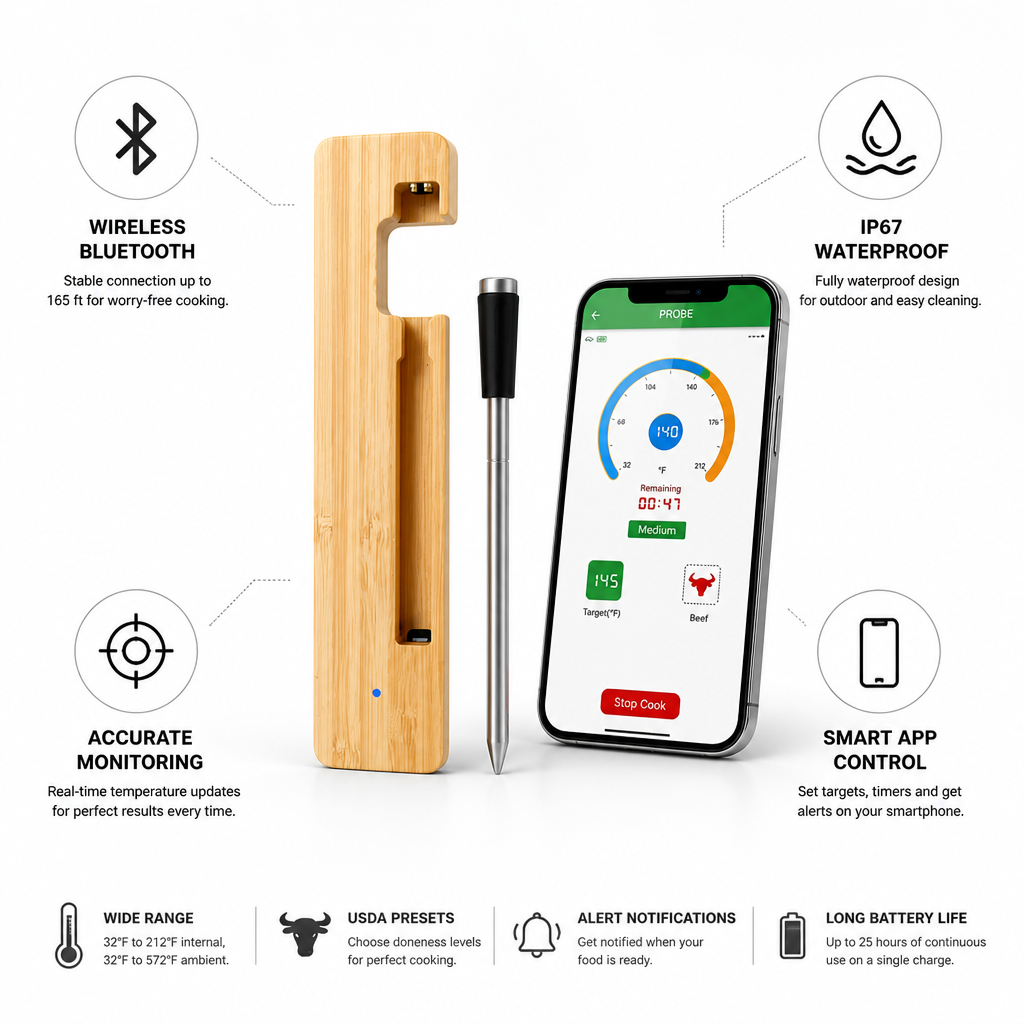 Draadloze Bluetooth- en waterdichte vleesthermometer (verbonden met app) | elesira