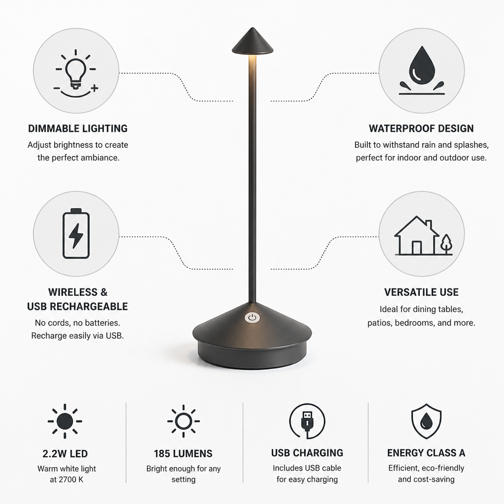 Draadloze, dimbare tafellamp met USB-oplaadfunctie (waterdicht) | elesira